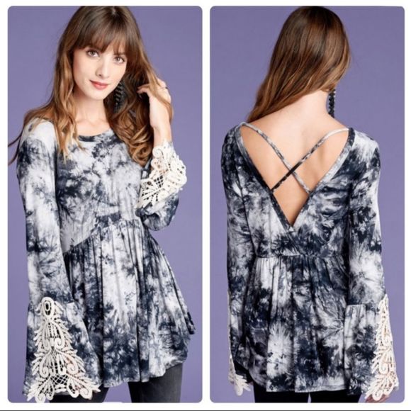 Tops - Black Tie-dye Lace Detail Top Long Flare Sleeve Cross Back Tunic